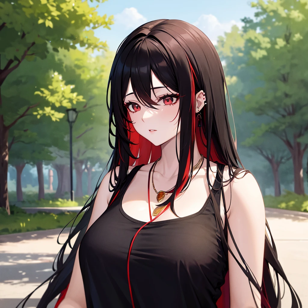 anime panel, upper body , 1girl, Korean, long black curly hair with red highlights, red, slanted eyes, casual clothes, black tank top, ear piercing, necklace, hair illuminated by sunlight, park background, tying your hair in a ponytail