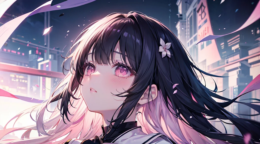 far,(((Highest quality、masterpiece、Ultra-fine、Ultra-fine、Exquisite、16k、Full HD,high school girl,))) 、((Looking up), (((Looking up)) 、Black Hair,((Sad), (((下からLooking up)))) 、,Dark Eyes、Long eyelashes、White skin、(Pale pink lips、Pale pink cheeks、thin and long)、 ((cute)) ((One person)) 、Glare