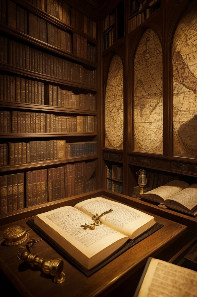 An intriguing image of a dark, ancient library filled with aged books and parchment. In the center, a gold magnifying glass rests on an ancient map, with subtle details of mystical symbols in the background. The lighting is soft and golden, creating an atmospheric of mystery and discovery