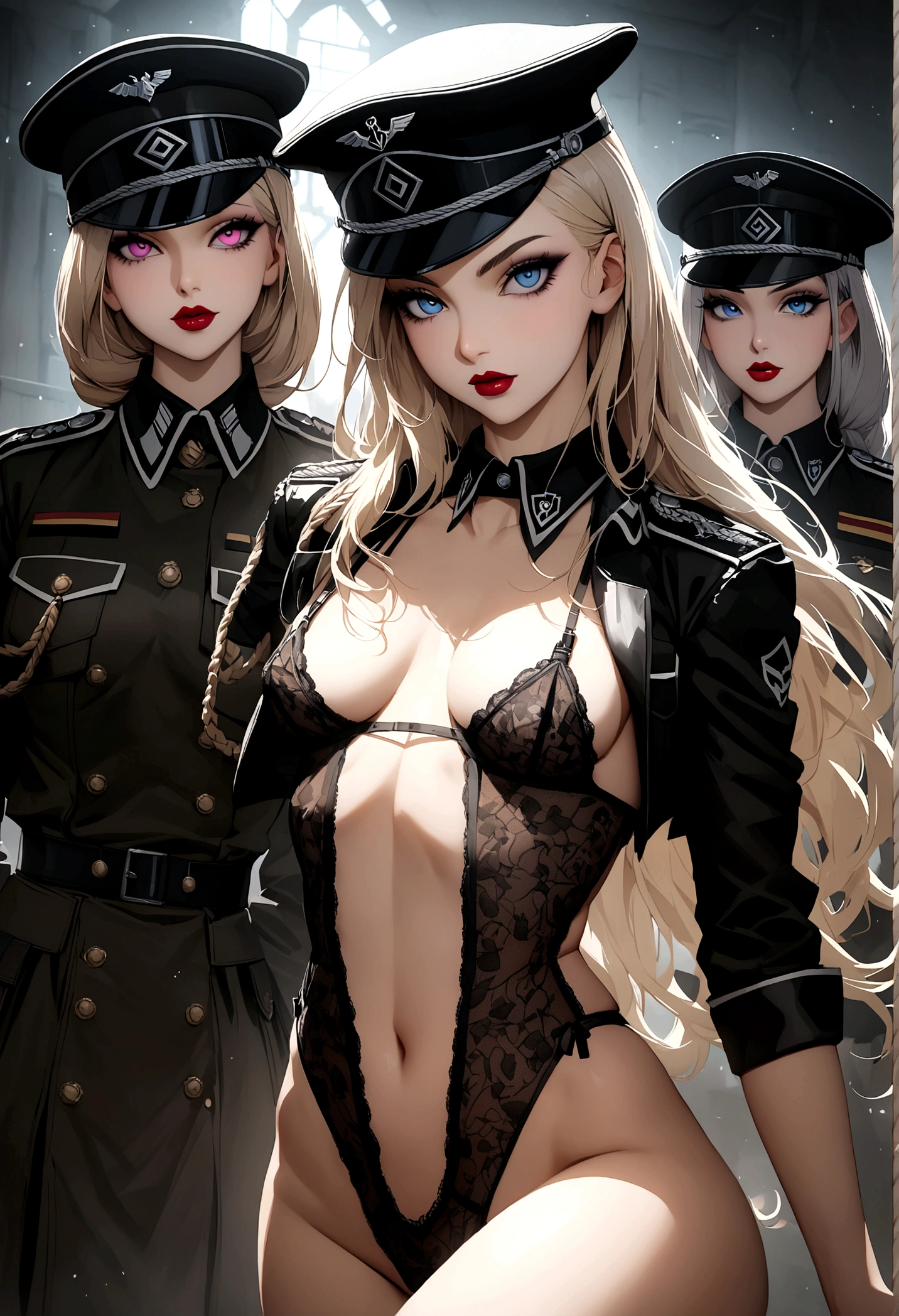 Create an image of the most stunningly beautifully WWII German SS elite women, Stunningly gorgeous beautiful perfect face, long luscious eyelashes, black eyeliner, perfect makeup, lipstick, vibrant sapphire eyes, perfect smooth skin, long platinum blonde hair, little breast, perfect slim body figure, bdsm lingerie, seductive pose, WWII German SS Elite Officer HAT Officer Army leather Visor Crusher Cap Black,