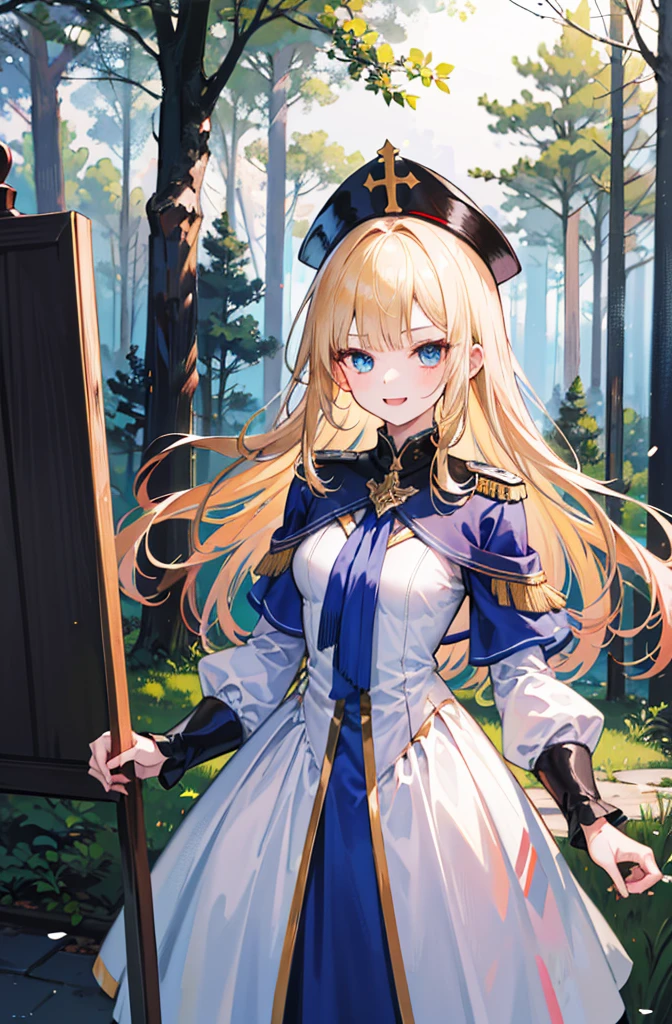 (Standing painting: 1.2) + (1girl:1.5)+ golden hair + princess cut + white knight uniform + detailed eyes and nose + deep blue eyes +  white battle uniform + domineering, masterpiece, best quality,evil smile,holy,((forest background)),adult,