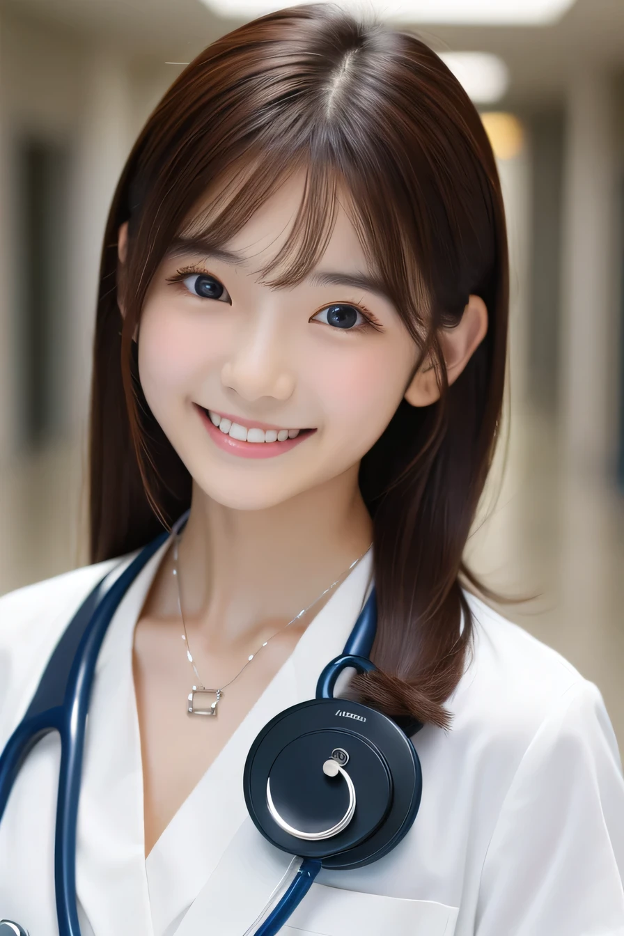 Beautiful young woman、 Korean women、Brown Hair、Necklace around the neck、White、Stethoscope、hairstyle semi long、smile、Please open your mouth a little、Intricate details, Very detailed:1.2), 、 Looking into the camera,The background is a hospital corridor.、ear piercing