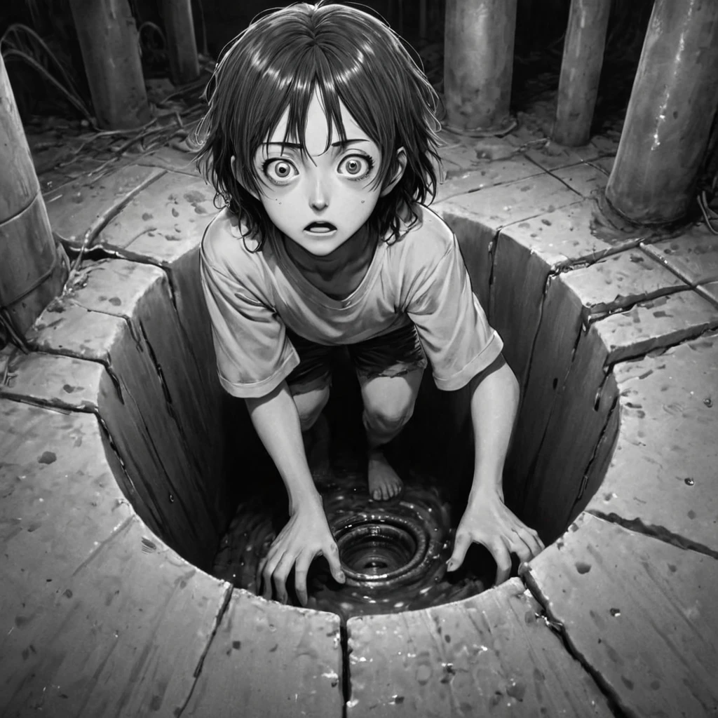 young student, inside the sewer, dirt, (anime), bizarre scenario, Junji Ito, Yusuke Murata, black and white, 8k, anime, horror