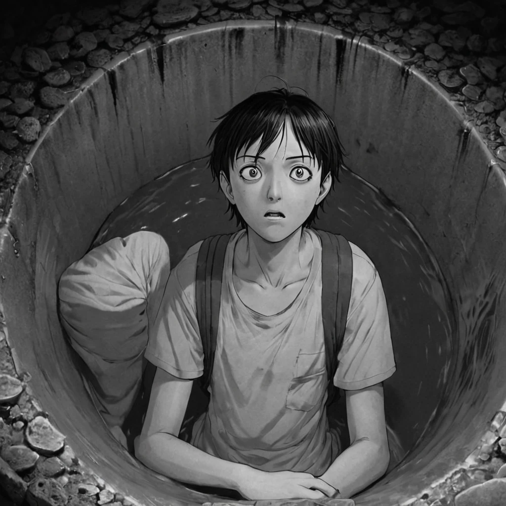 young student, inside the sewer, dirt, (anime), bizarre scenario, Junji Ito, Yusuke Murata, black and white, 8k, anime, horror