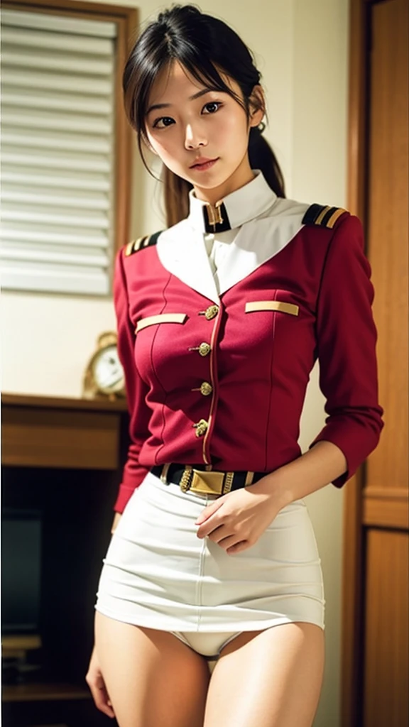 Actual Photos、Highest imYear quality、Beautiful woman、Beautiful thighs、Beautiful Face、real imYear、Federal Army Uniform Miniskirt、ponytail、Yuriko Yoshitaka、16Year日本人女性、Zuo々Ki Nozomi:1.4、pretty girl、White pantiesが丸見え、1６Year、（White panties:1.3）、Ultra mini skirt、Beautiful thighs、White panties、赤いミニスカートがめくれてWhite pantiesが見えてる