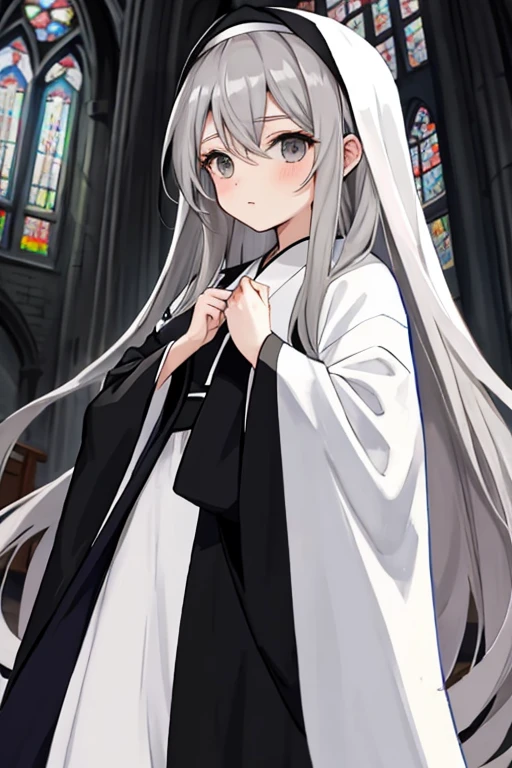 anime girl with long grey hair and grey eyes wearing black church robes
