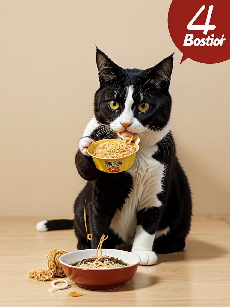 Cat eating instant noodles, simple background, comics style