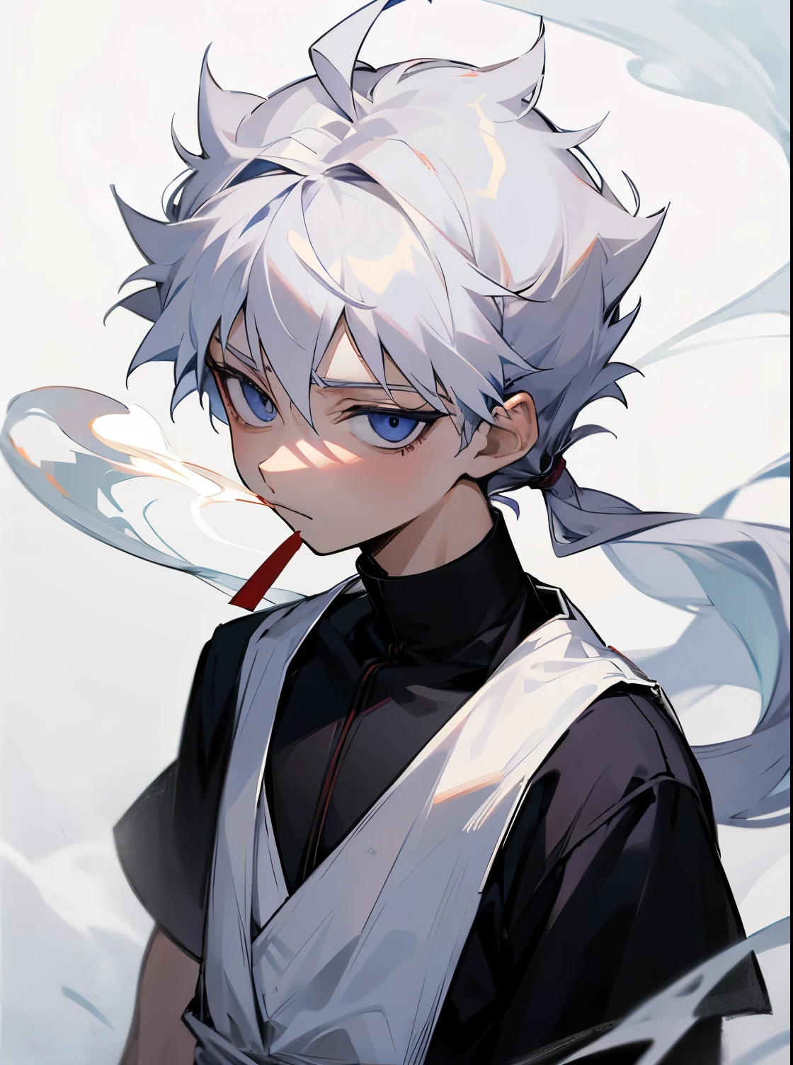 Killua Zoldyk with his shoulder-length hair partially tied in a bun, smoking