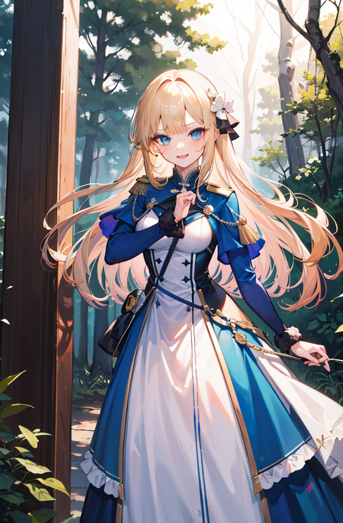 (Standing painting: 1.2) + (1girl:1.5)+ golden hair + princess cut + white knight uniform + detailed eyes and nose + deep blue eyes +  white battle uniform + domineering, masterpiece, best quality,evil smile,holy,((forest background)),adult,