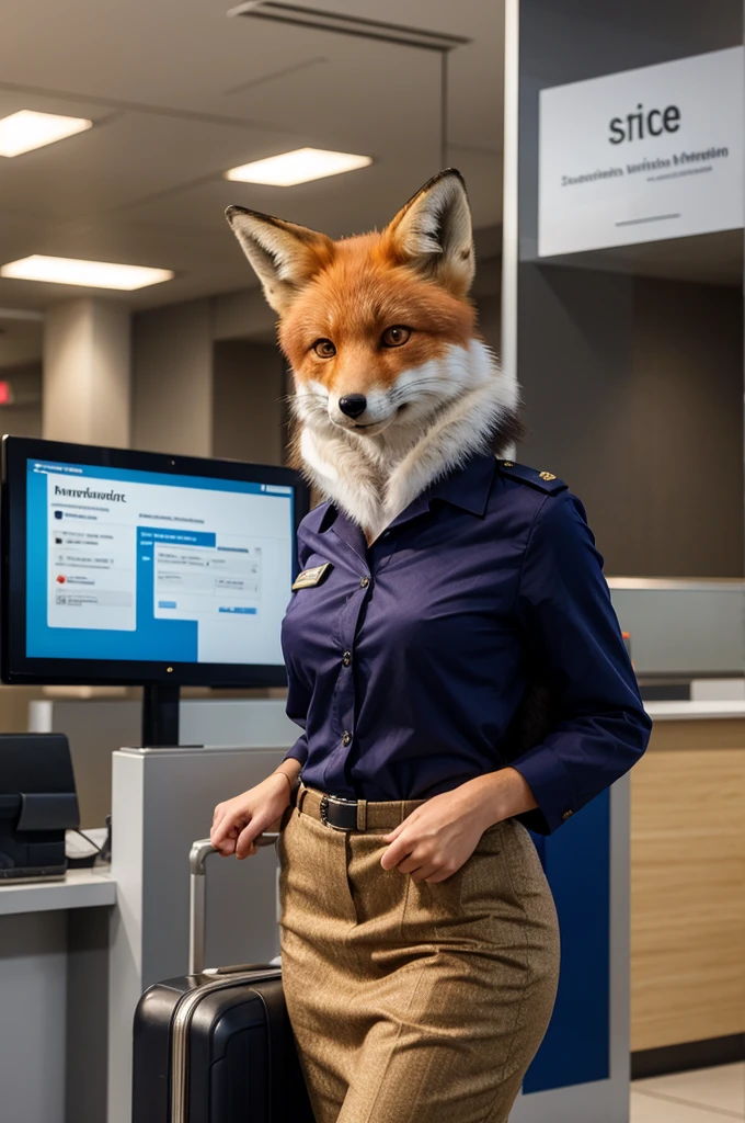 masterpiece, Best quality, furry antropomorph fox dressed in passenger check-in manager uniform