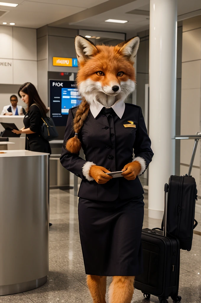 masterpiece, Best quality, furry antropomorph fox dressed in passenger check-in manager uniform