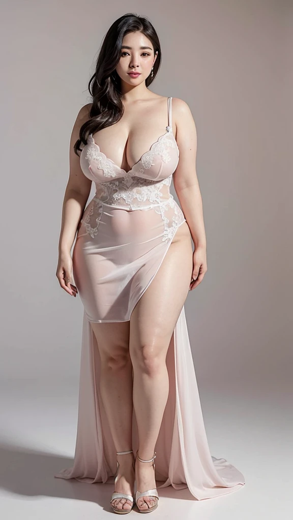 8k, ultra-high resolution, highest quality, masterpiece:1.2), ultra-realistic, (realistic, photorealistic:1.37), (realistic skin:1.2), ultra-detailed, Canon EOS RP, 8k, Korean mature woman, smiling, (((super curvy,))) ((super voluptuous,)) adult model, standing still, ((full body shot)), thick ankles, (short hair), (empty space), (pale pink background only), (bridal dress),