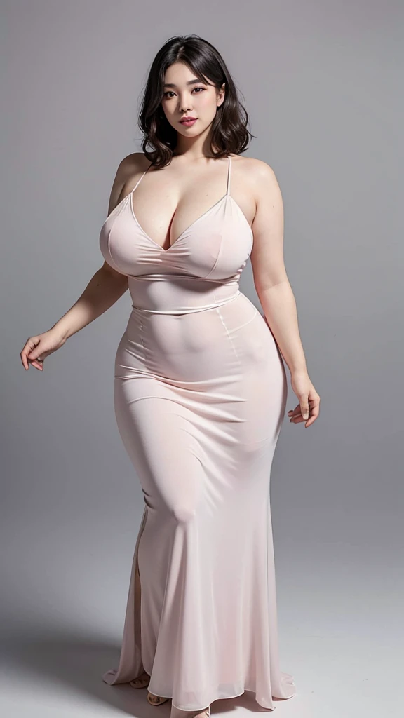 8k, ultra-high resolution, highest quality, masterpiece:1.2), ultra-realistic, (realistic, photorealistic:1.37), (realistic skin:1.2), ultra-detailed, Canon EOS RP, 8k, Korean mature woman, smiling, (((super curvy,))) ((super voluptuous,)) adult model, standing still, ((full body shot)), thick ankles, (short hair), (empty space), (pale pink background only), (bridal dress),