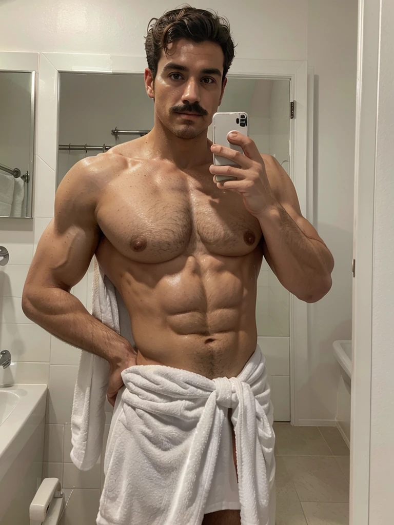 Handsome man , light mustache, hot muscular body , medium curly hair , mirror selfie, best quality like its taken by iPhone 12 , and a white towel covering his lower body