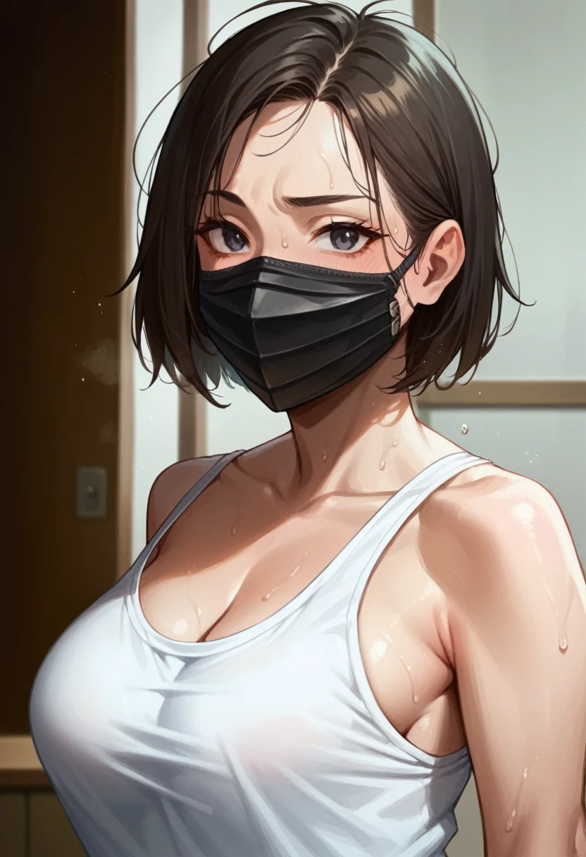 Cute, like a Japanese high school girl, very short hair, sweat, indoors, tank top, sexy, wearing a mask