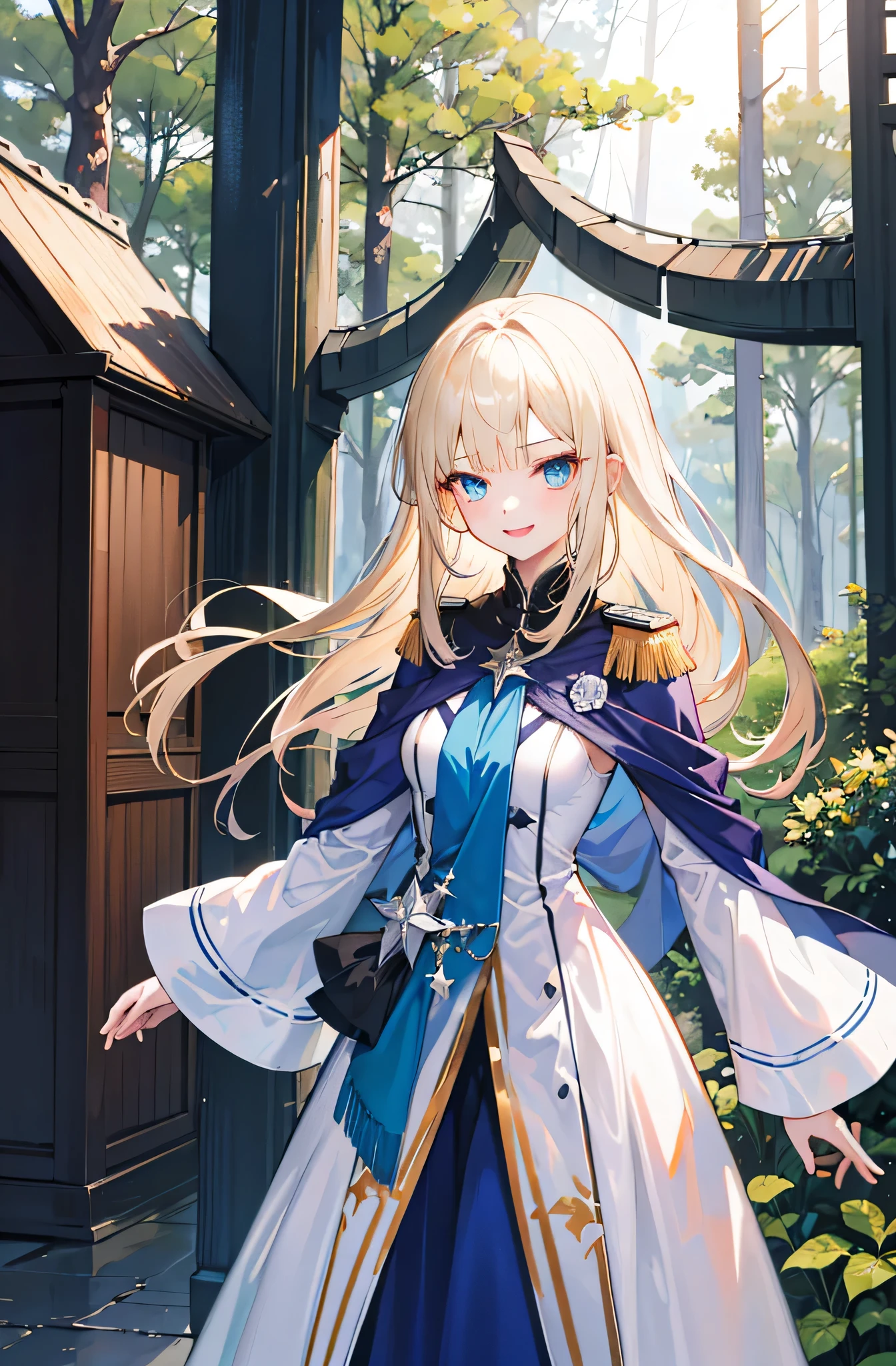 (Standing painting: 1.2) + (1girl:1.5)+ golden hair + princess cut + white knight uniform + detailed eyes and nose + deep blue eyes + white battle uniform + domineering, masterpiece, best quality,evil smile,holy,((forest background)),adult,