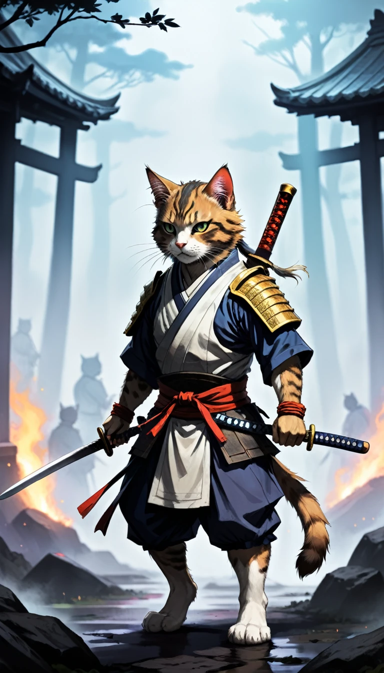 (drawing:1.3),Samurai Cat, battlefield, (Anime Art), 2D, colorful, Dark atmosphere