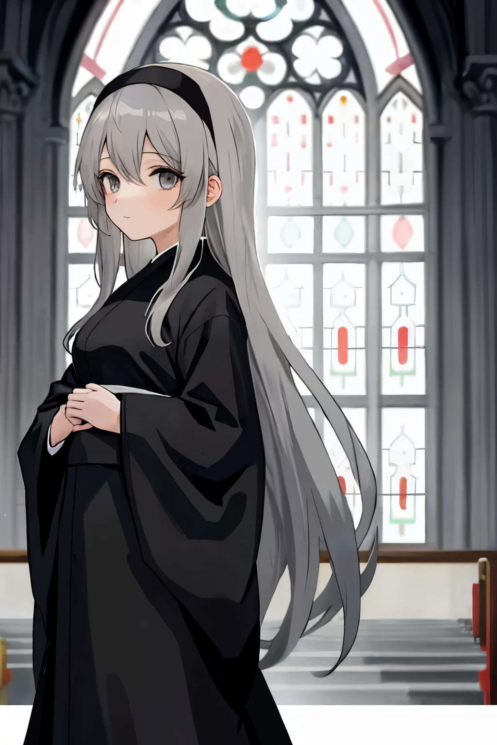 anime girl with long grey hair and grey eyes wearing black church robes
