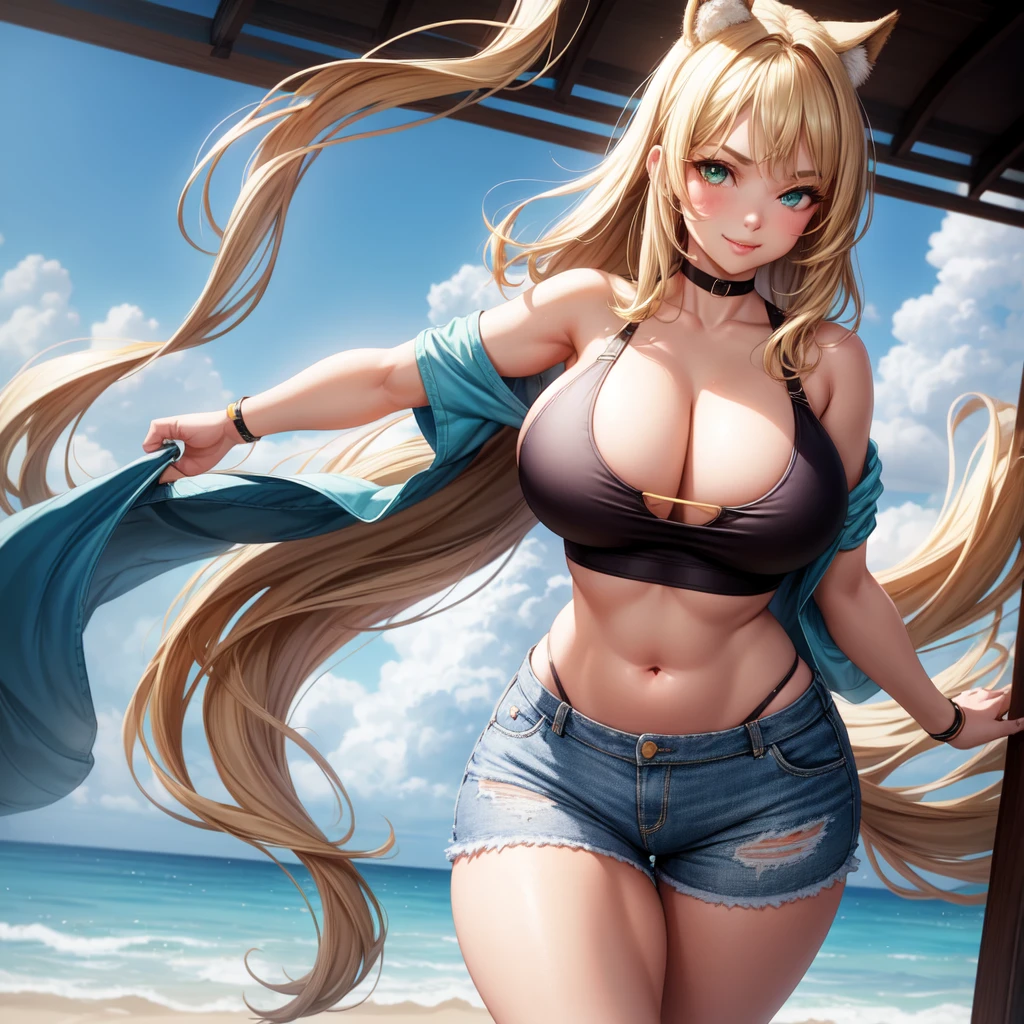 Girl standing alone, solo, by herself, Big round breasts, trendy, stylish, clevage, thighs, hips, realistic, blonde hair, light green eyes, amazing big eyes, eye details, eyebrow details, bra, shorts, big lips, blush, confident, dominant, bdsm, smirk, naughty, mischevious face, HD, good quality, crop top, curvy, standing up, bedroom, thick thighs, attarctive, amazing body, perfect body