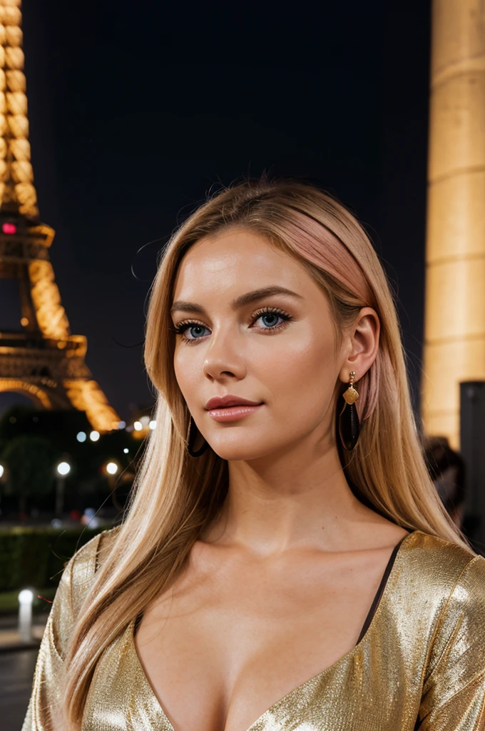 Realistic photo of an attractive blonde woman, aux traits du visage parfait, slightly shiny pink lips, with smooth, realistic skin, with gold circle earrings posing in front of the Eiffel Tower in Paris at night, le femme regardant les spectateurs avec un regard séduisant une robe noir, Capture this image with a high-resolution photograph using an 85mm lens for a flattering perspective.