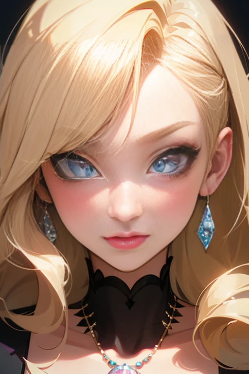 A digital illustration of a young woman with blonde hair styled in loose curls, featuring a side-swept fringe that frames her face. Her eyes are large and expressive, with long eyelashes, and she has pink lipstick on. She is wearing multiple earrings and a sparkly necklace that adds to the glamorous feel of her appearance. The background is soft-focus, blending pastel colors that give the image an ethereal quality.