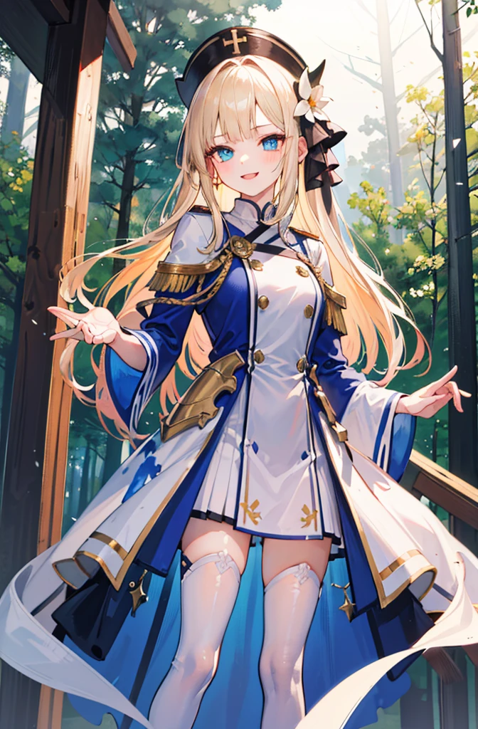 (Standing painting: 1.2) + (1girl:1.5)+ golden hair + princess cut + white knight uniform + detailed eyes and nose + deep blue eyes + white battle uniform + domineering, masterpiece, best quality,evil smile,holy,((forest background)),adult,