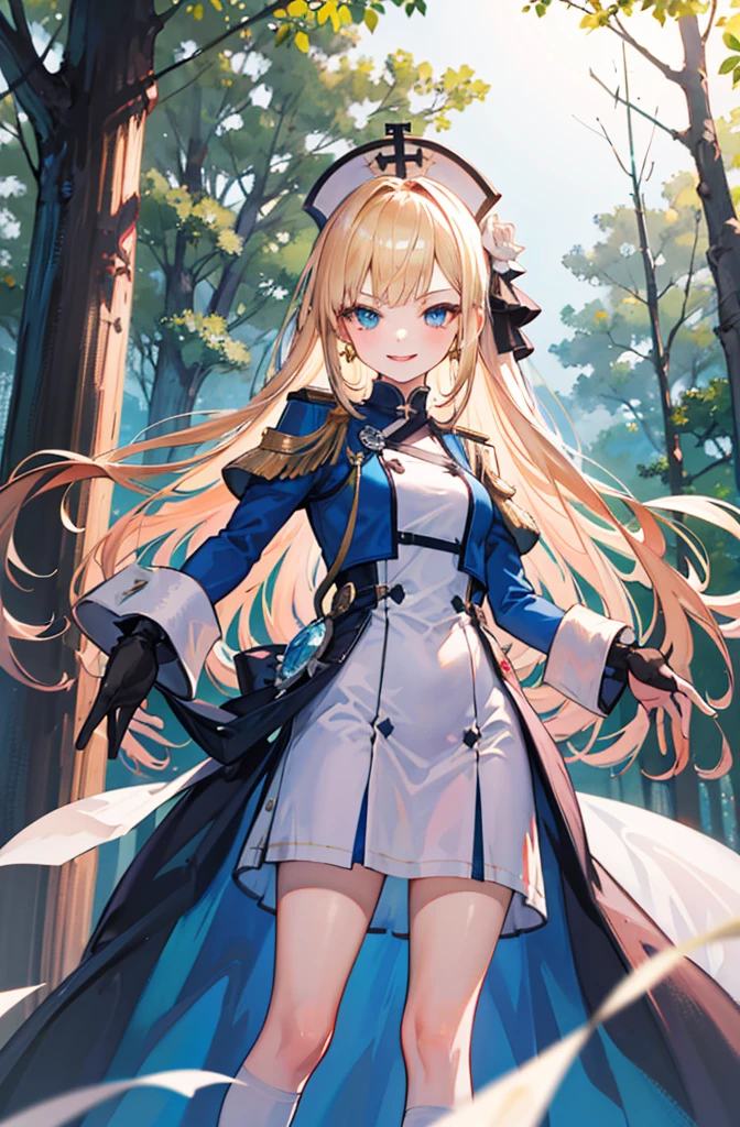 (Standing painting: 1.2) + (1girl:1.5)+ golden hair + princess cut + white knight uniform + detailed eyes and nose + deep blue eyes +  white battle uniform + domineering, masterpiece, best quality,evil smile,holy,((forest background)),adult,