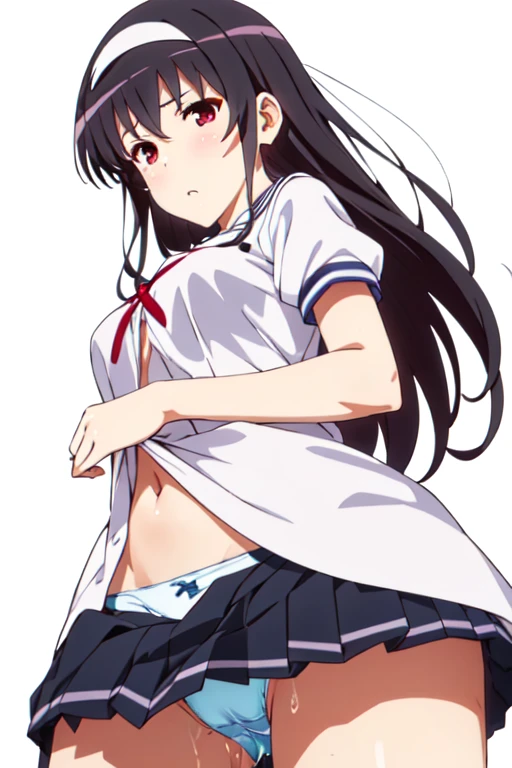 alone, One girl, View Viewer, 2D, anime, anime coloring, Upper Body, (Simple Background, White background:1.3),  utaha kasumigaoka, (((Skirt flip, I can see your panties)))，squat，From below，blush，Embarrassing， (( 指で膣を触ってMasturbationする)),Masturbation，orgasm，Love juice, 床にこぼれるLove juice, liquid splashing from girl, (( 指で膣を触ってMasturbationする))，Climax，Climax，Squirting，Squirting，Squirting，Squirting，Squirting，