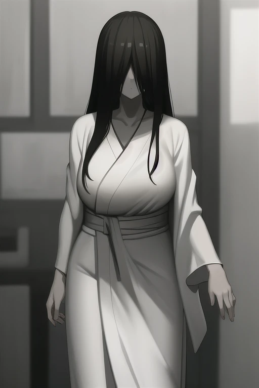 ((masterpiece)), (best quality), (absurdres), black hair, yamamura_sadako, long sleeves, hands covered(white kimono, black obi), (grey skin), hair over eyes, eyes covered, looking at viewer, 
