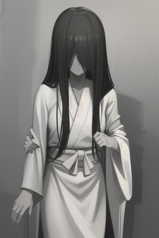 ((masterpiece)), (best quality), (absurdres), black hair, yamamura_sadako, (white kimono, black obi), (grey skin), hair over eyes, eyes covered, looking at viewer, 