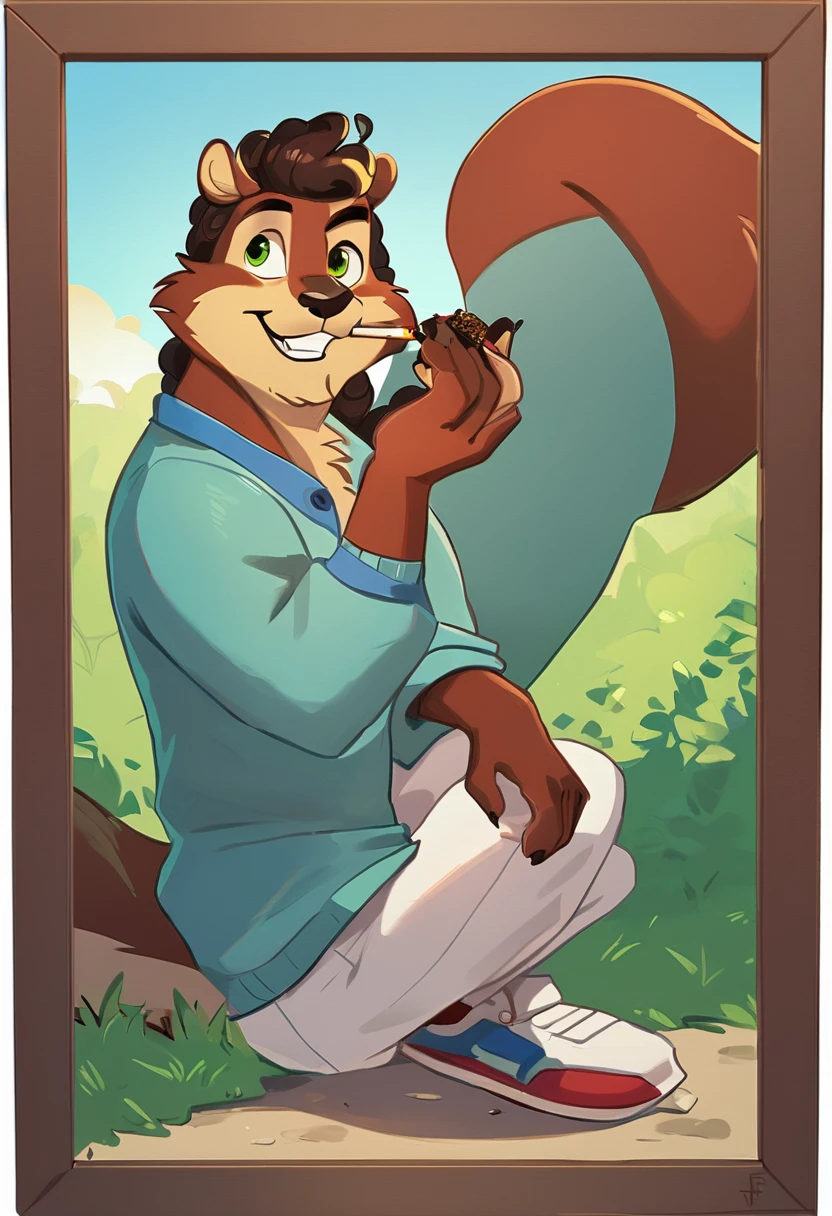 an anthropomorphic squirrel, with long curly hair on his head, dressed in a blue shirt, a bright green jacket, white pants and shoes, laughs, holding a pack of cigarettes in his paw and pulls out one cigarette