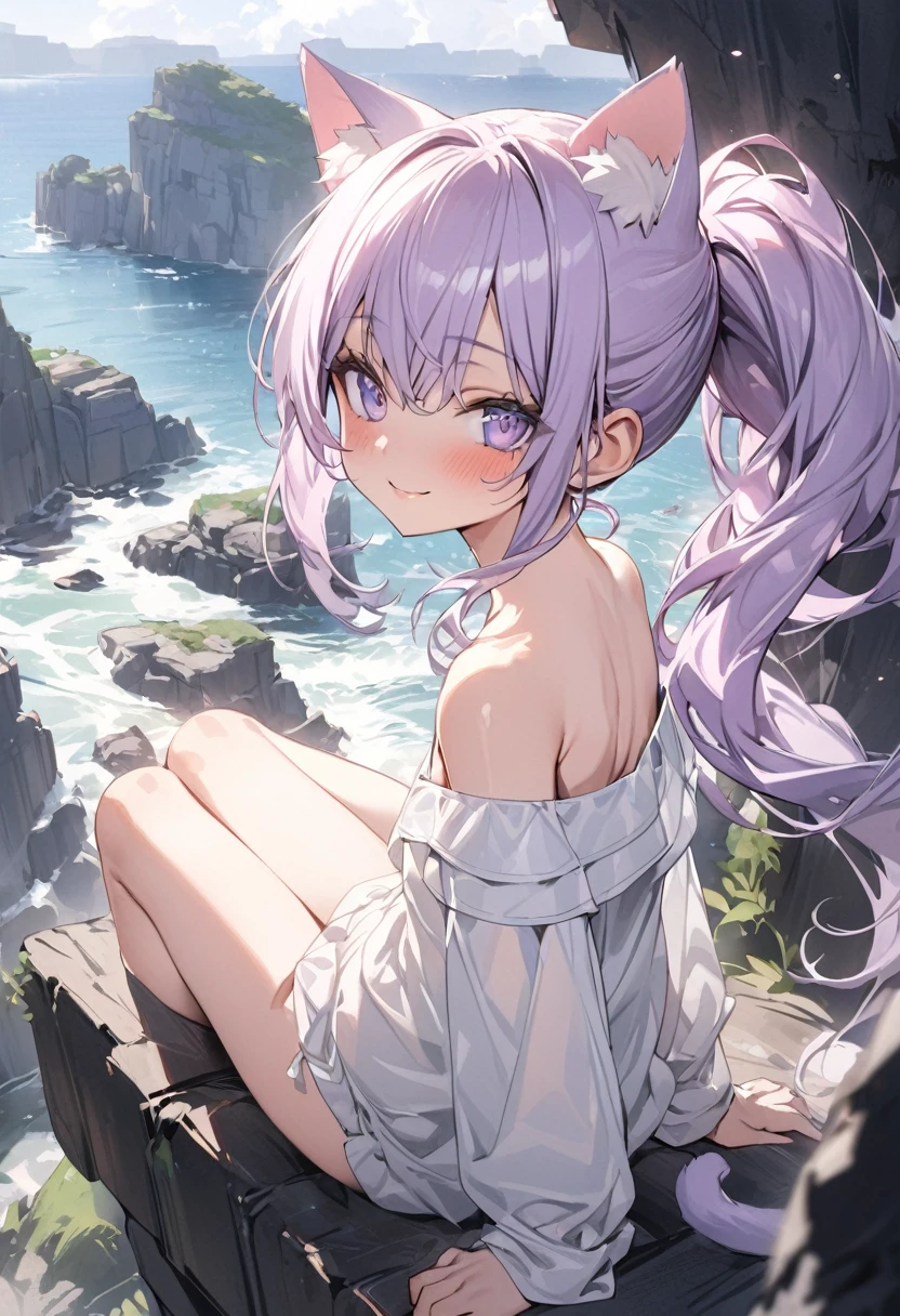 ((Masterpiece)), ((best quality)), (Anime:1.3), (super detail:1.2), (High Definition:1.3), (Professional Photography:1.3), (wide shot), (sharp focus), (perfect light), (()), (1girl), put on cat ears, cute teenage girl, smile, (messy long ponytail), pale purple hair, cute eyes, (Healthy slim body), (slightly Off-shoulder long sleeves), ((white long sleeves)), black inner, high res, ((beautiful eyes)), BREAK, ((best quality)), (super detail:1.2), loose sitting, Beautiful Cliffs over 100 meters above sea level,