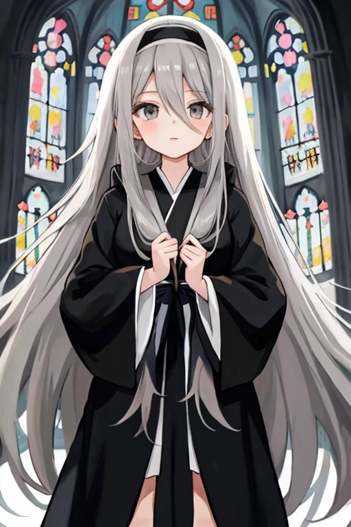 anime girl with long grey hair and grey eyes wearing black church robes