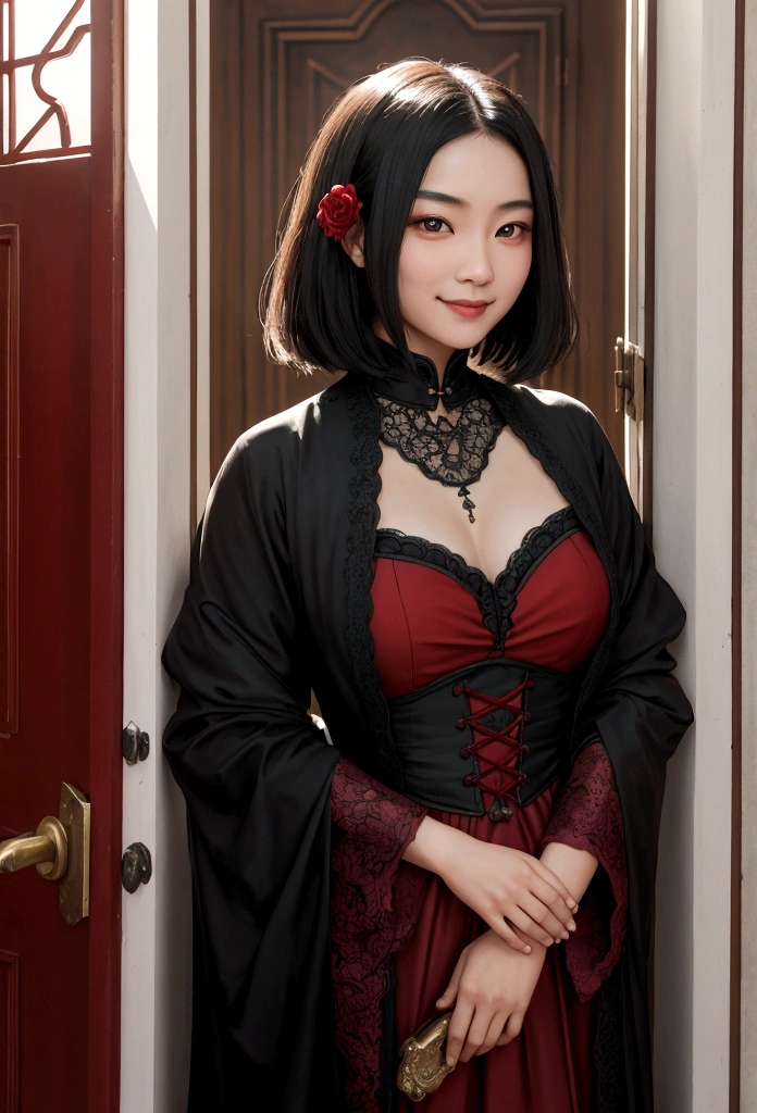 Asian girl with charming smile, long, enveloping black hair that his girlfriend embraces, a very light brunette masculine woman with short hair and red-hot crescent-shaped eyes, dressed in male victorian gothic style. The background is defying reality with great 8K resolution, Superfine details and almost unapproachable charm reminiscent of movie audition photos. La escena se desarrolla cerca de una puerta roja en medio de un paisaje inundado por el sol con una luz