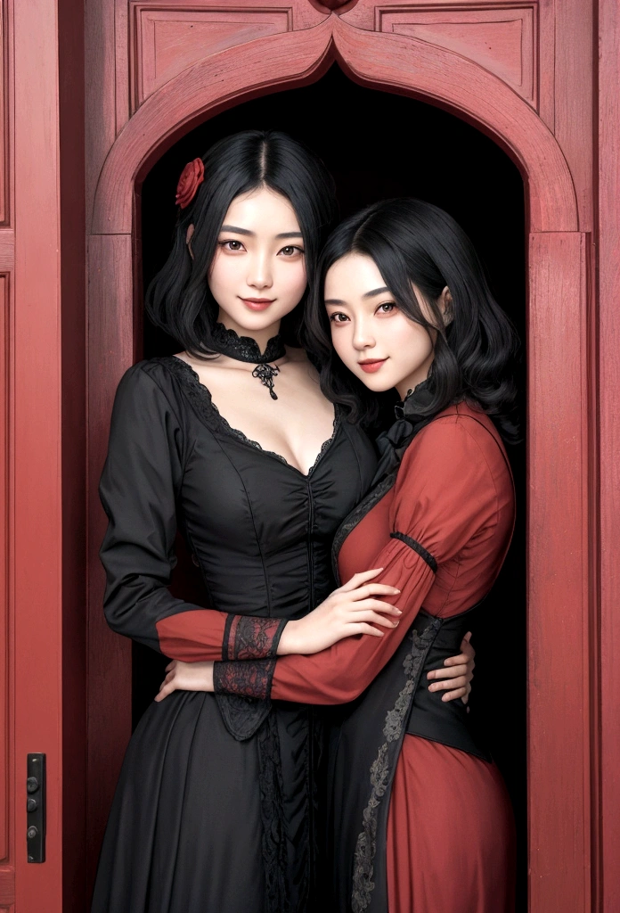 Asian girl with charming smile, long, enveloping black hair that his girlfriend embraces, a very light brunette masculine woman with short hair and red-hot crescent-shaped eyes, dressed in male victorian gothic style. The background is defying reality with great 8K resolution, Superfine details and almost unapproachable charm reminiscent of movie audition photos. La escena se desarrolla cerca de una puerta roja en medio de un paisaje inundado por el sol con una luz