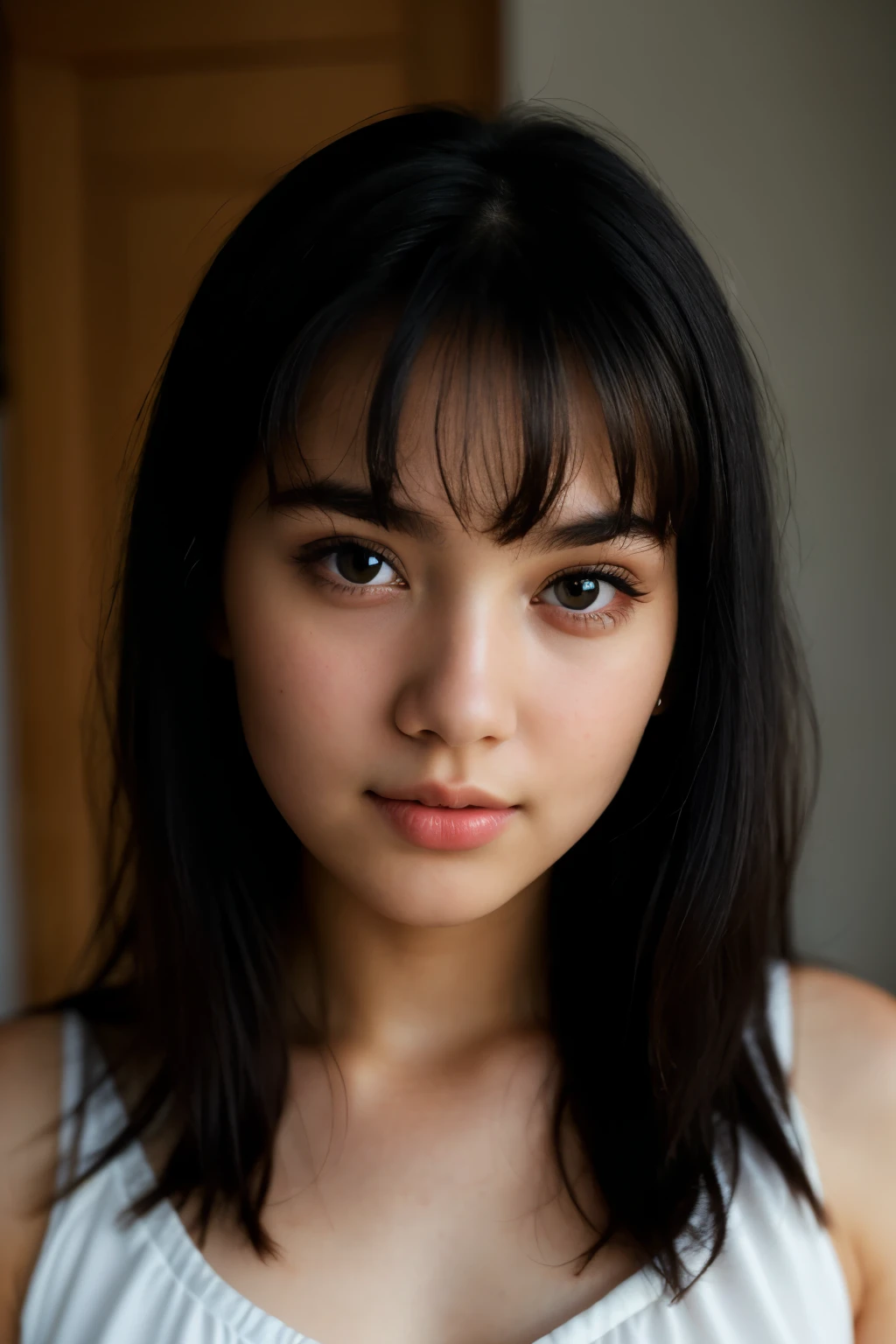 best quality, face focus, soft light, ultra high res, (photorealistic:1.4), RAW photo, girl, solo, cute, (pupil, lights in the eyes), detailed beautiful face, (high-resolution detail of human skin texture), (long black hair), indoor, Dress, full body