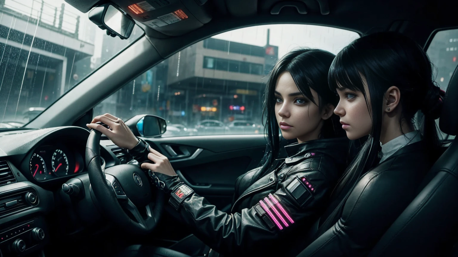 cyberpunk girl, driving a car, car interior, windows with rain drops