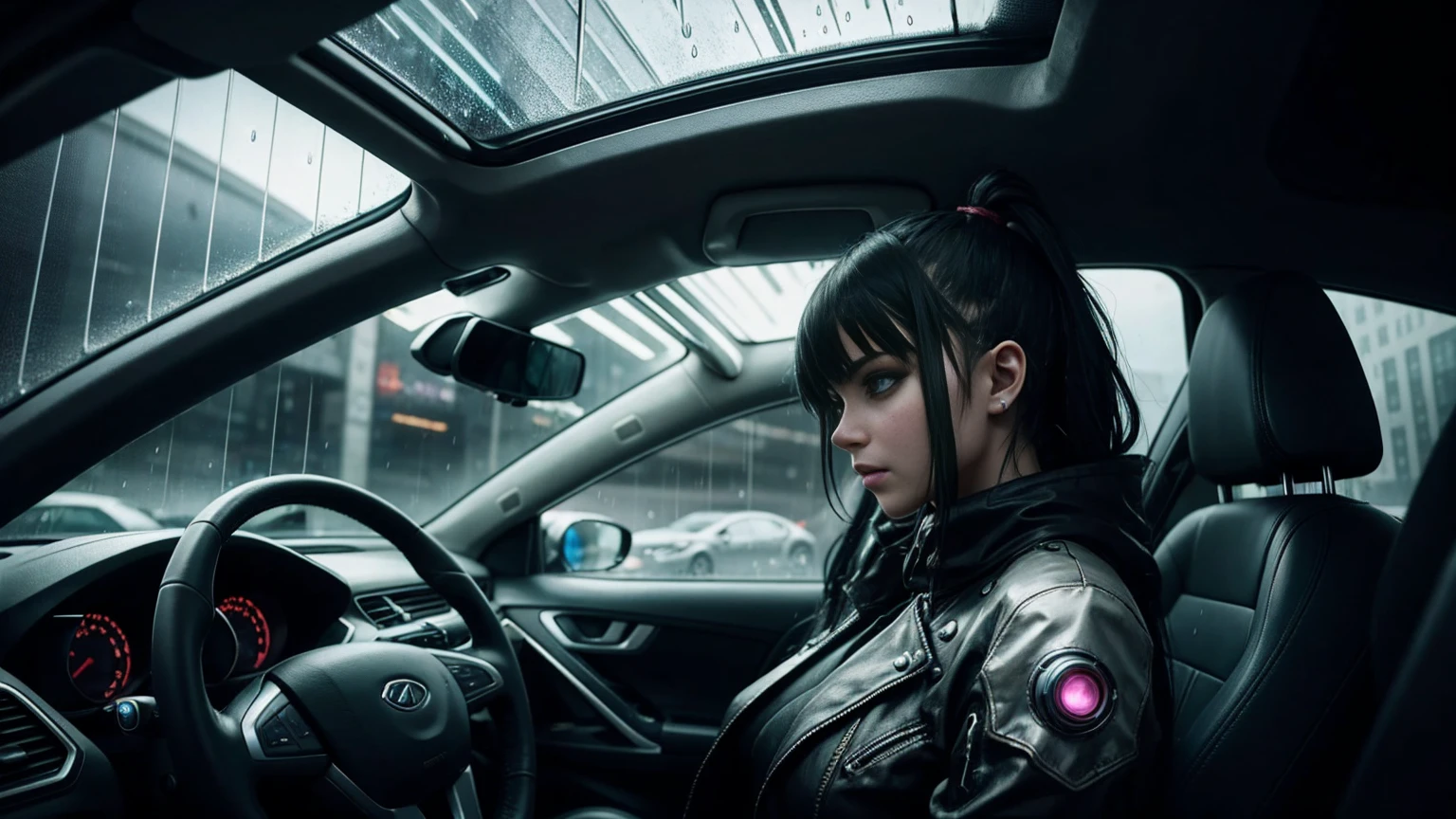 cyberpunk girl, driving a car, car interior, windows with rain drops