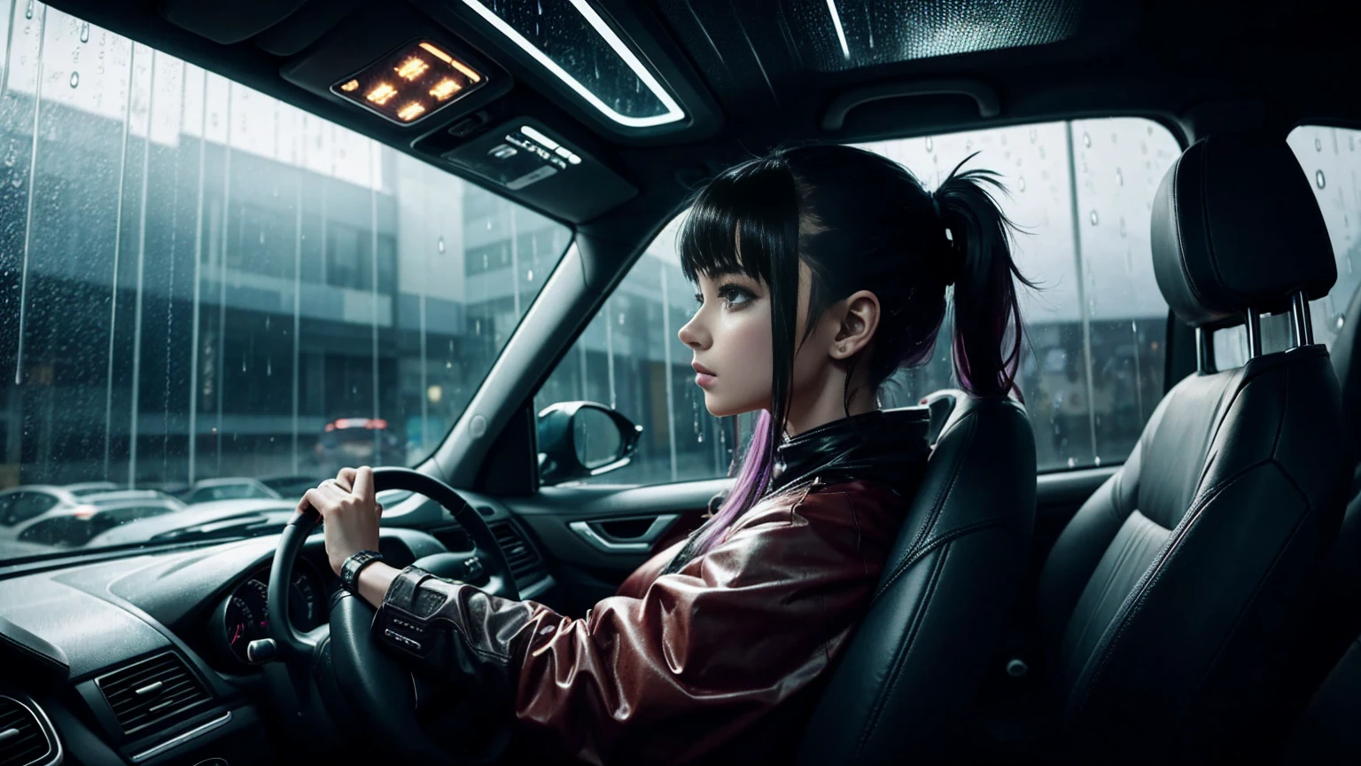 cyberpunk girl, driving a car, car interior, windows with rain drops