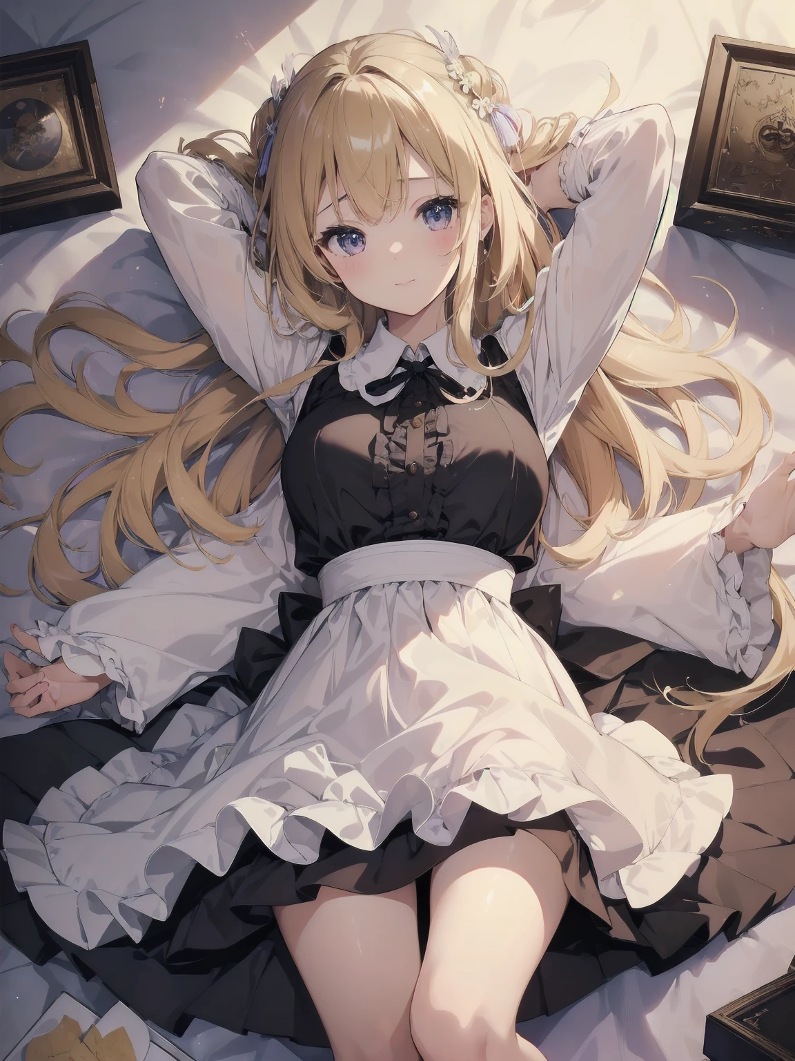 ((傑作 Highest quality:1.4)), ((Tabletop, Highest quality)), (8K quality), (Detailed Background:1.3), (Detailed face:1.3), (Cute Teenage Girls, alone),Beautiful portrait、Delicate body、Frilled blouse,Long Check Skirt,Vintage, Long blonde hair,Cinematic Light,A small smile,Tilt your head、Lying in a fluffy bed、sunlight、Shaking breasts、、Nipples、((She spreads her legs wide to show her pussy))、Flip Skirt、High class clothing、Rainbow glow, Beautiful sparkle,
