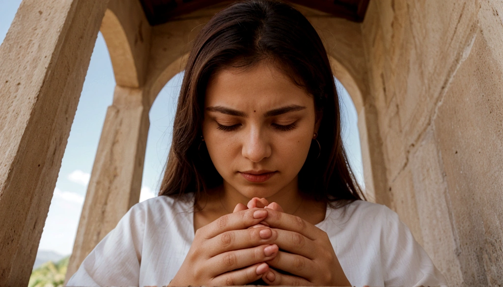 a woman praying with her hands crossed, em frente a uma vela, e uma biblia a frente