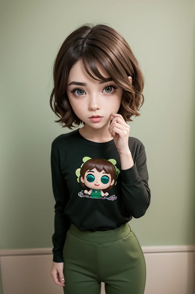 Funko pop with short brown hair and brown eyes with eyelashes wearing a black long sleeve t-shirt and green pants, she has freckles on her face and her name is Laura