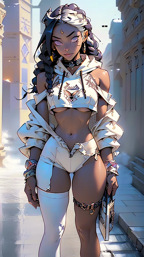 girl from ancient Egypt,1girl, (large breasts:1.4),((((long twin braids,tight braids,long braid,braided hair,long hime cut,dark hair,black hair,colored inner hair)))),(((purple_eyes:1.3))),intricate eyes,beautiful detailed eyes,symmetrical eyes,((((lustrous skin:1.5,tanned skin,bright skin: 1.5,skin tanned,shiny skin,very shiny skin,shiny body,Reflective skin)))),(spider lower abdomen,narrow waist,wide hip,athletic body,inflated legs,thick thighs,delicate detailed fingers,(detailed face)),beautiful detailed lips, cute,slutty,sensual,seductive look,seductive,((erotic)),opulent,sumptuous,((nsfw)), (((eyeshadow,egyptian makeup,eyelid makeup))),zettai ryouiki,revealing clothing,show skin,((((underboob)))),(((Long white socks, socks with furry edge))),((thong with furry edge)),((((egyptian hoodie,white hoodie,old style hoodie)))),((((slave collar,Long chain leash connected to her collar,shackles)))),crop top bikini,choker,straps,(((Sexy white fur coat, white fur coat outfit, wearing a white fur coat:1.3,white winter coat))),(white gloves,semi-naked,with little white clothing,(((furry edge clothing)))),(cleavage:1.3),((strapless, off shoulder)),(((wet clothes,intricate outfit,embroidered outfit,ornate outfit,embroidered clothes,ornate clothes))), (flirtatious pose:1.3), looking at viewer,embarrassed,centered,scale to fit dimensions,Rule of thirds, snow everywhere,(snowy egyptian palace,snowy egyptian palace background,snowy pyramids in the background),scenery,extremely scenery,(puddles everywhere),clouds,Egypt style,Egypt castle,(sunset, golden hour),winter, (Glossy Egyptian ornaments),(top-quality,8K,32K,masterpiece),high resolution,(Photorealistic:1.4),Ray tracing,Sun glare,depth of fields,By backlight effect,Add depth to your screen,(((vibrant colors,vibrant theme))),(intricate),(high contrast,photorealistic artwork:1.37),(best quality,4k,highres,masterpiece:1.2),ultra-detailed,(realistic,photorealistic,photo-realistic:1.37),professional,