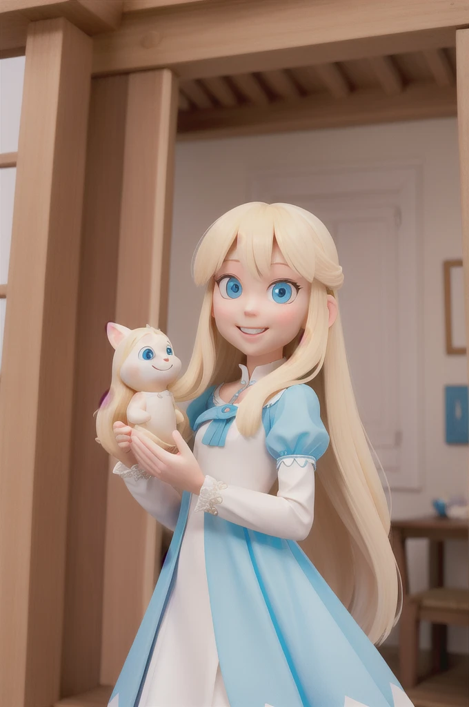 a with long blonde hair and light blue eyes finds herself in an imaginative fantasy world
white dress, she is a 6 years, she smiling