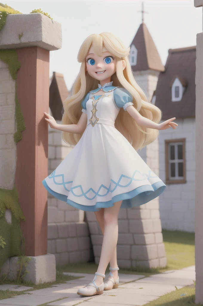 a with long blonde hair and light blue eyes finds herself in an imaginative fantasy world
white dress, she is a  6 years, she smiling