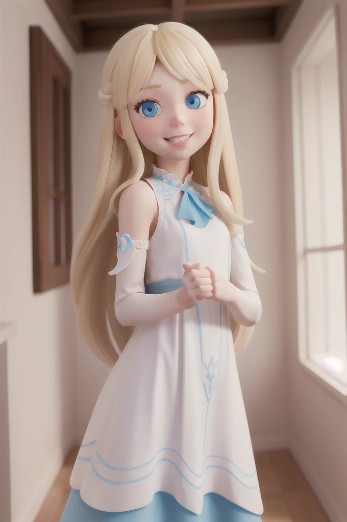 a with long blonde hair and light blue eyes finds herself in an imaginative fantasy world
white dress, she is a  6 , she smiling