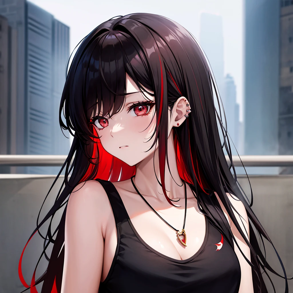 anime panel, woman, Korean, long, black, wavy hair with red highlights, red, slanted eyes, casual clothes, black tank top, ear piercing, necklace, hair illuminated by sunlight, park background