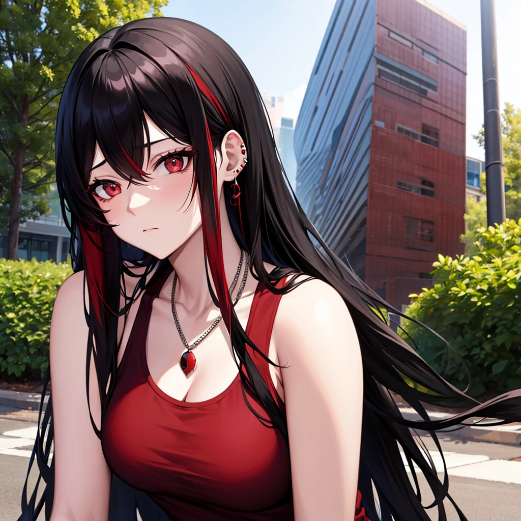 anime panel, woman, Korean, long, black, wavy hair with red highlights, red, slanted eyes, casual clothes, black tank top, ear piercing, necklace, hair illuminated by sunlight, park background, sad expression, looking at the viewer