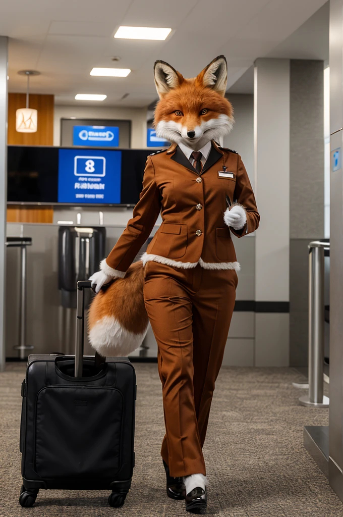 masterpiece, Best quality, furry antropomorph fox dressed in passenger check-in manager uniform