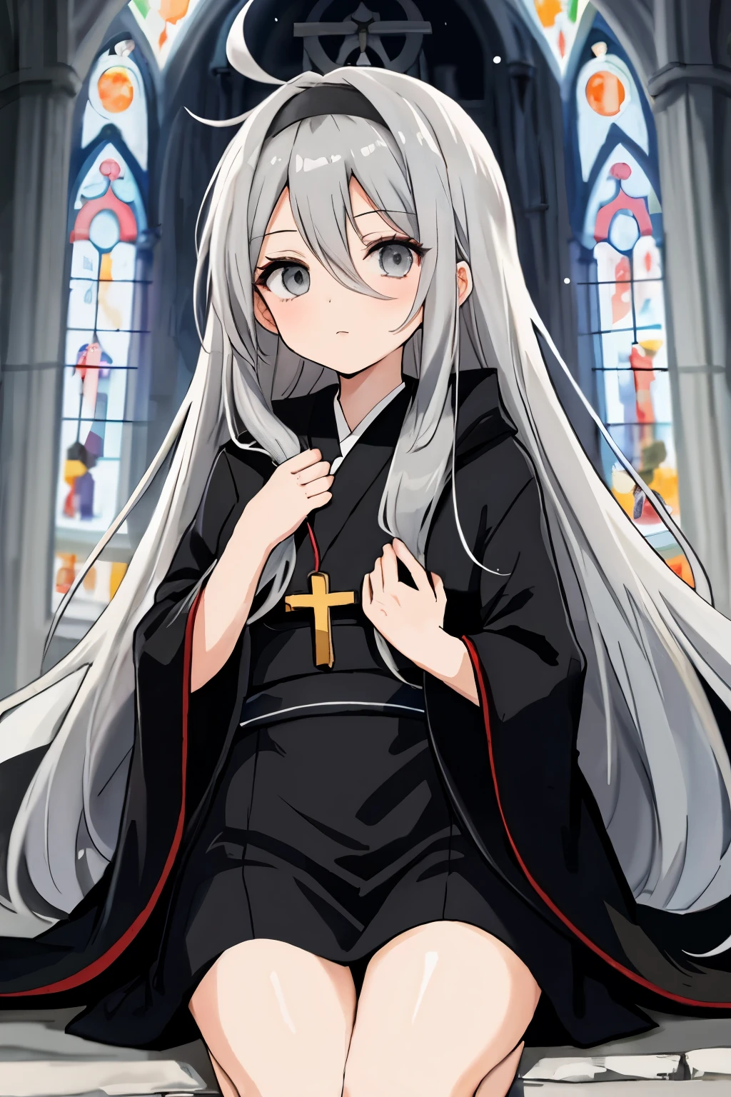 anime girl with long grey hair and grey eyes wearing black church robes